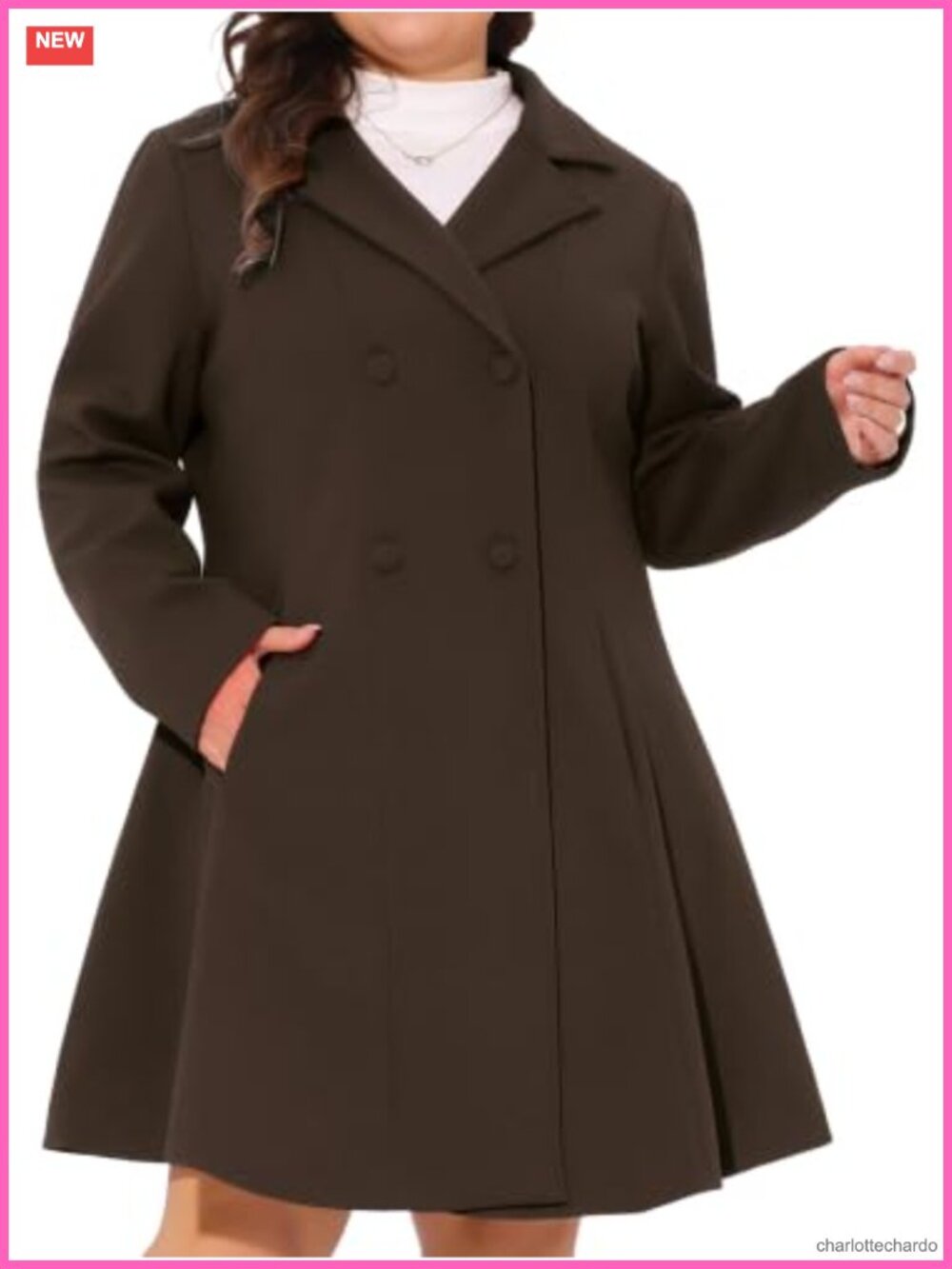 Plus Size Women's Double Breasted A-Line Peacoat Trench Coat with Pockets